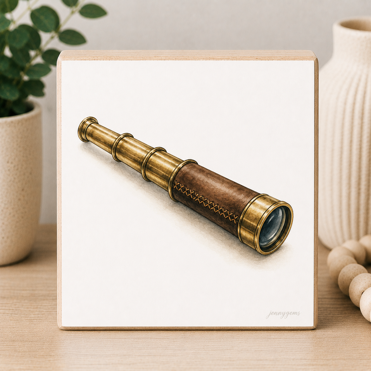 Brass telescope on a white card with a wooden frame, placed on a surface with decorative items.