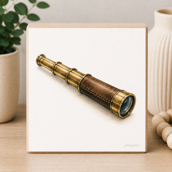 Brass telescope on a white card with a wooden frame, placed on a surface with decorative items.