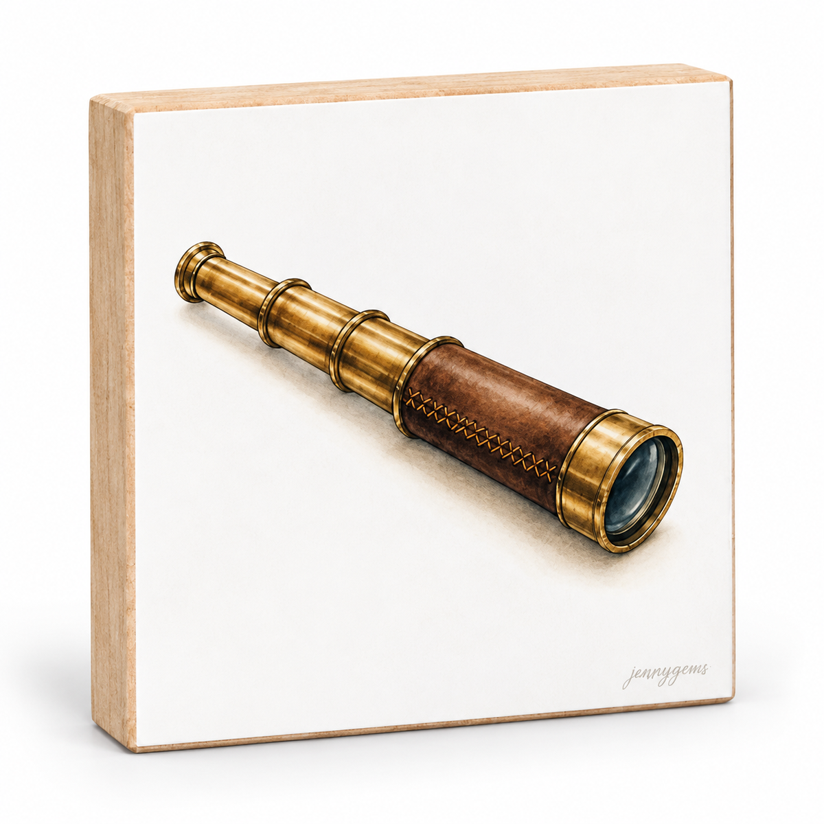 A square wooden block plaque featuring a detailed painting of a brass and brown leather telescope, shown on a clean white background.