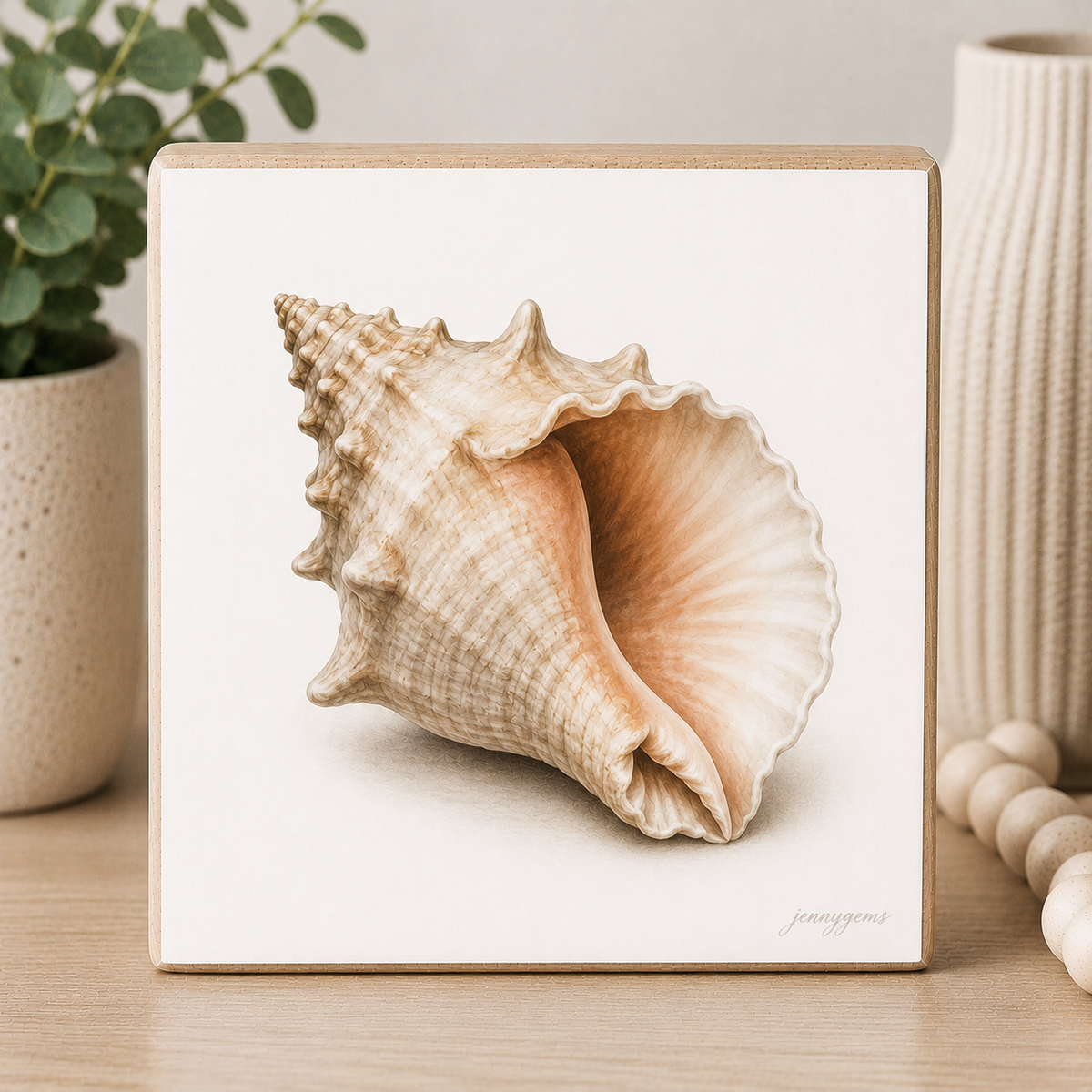 Framed artwork of a seashell on a light background