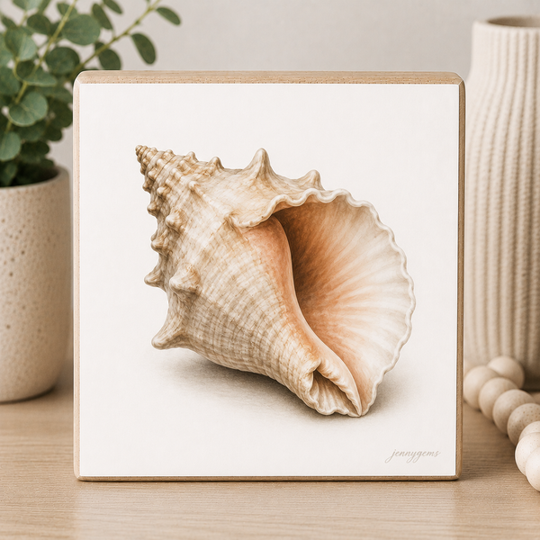 Framed artwork of a seashell on a light background