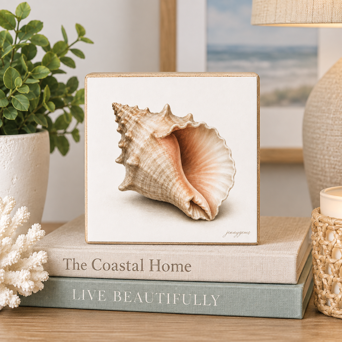 A square framed art print featuring a realistic seashell illustration, displayed on a stack of books on a wooden table with a potted plant and home decor in the background.