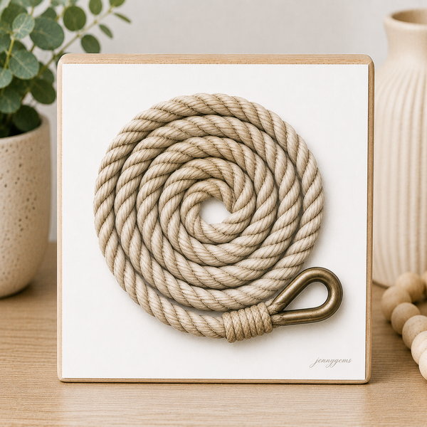 Rope with a metal hook on a white background, framed in a wooden frame.