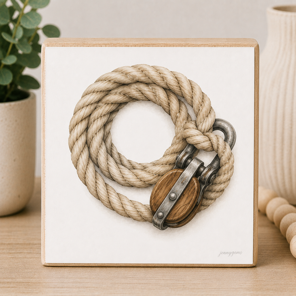 Rope with wooden pulley on a white background, framed in a light wood frame.