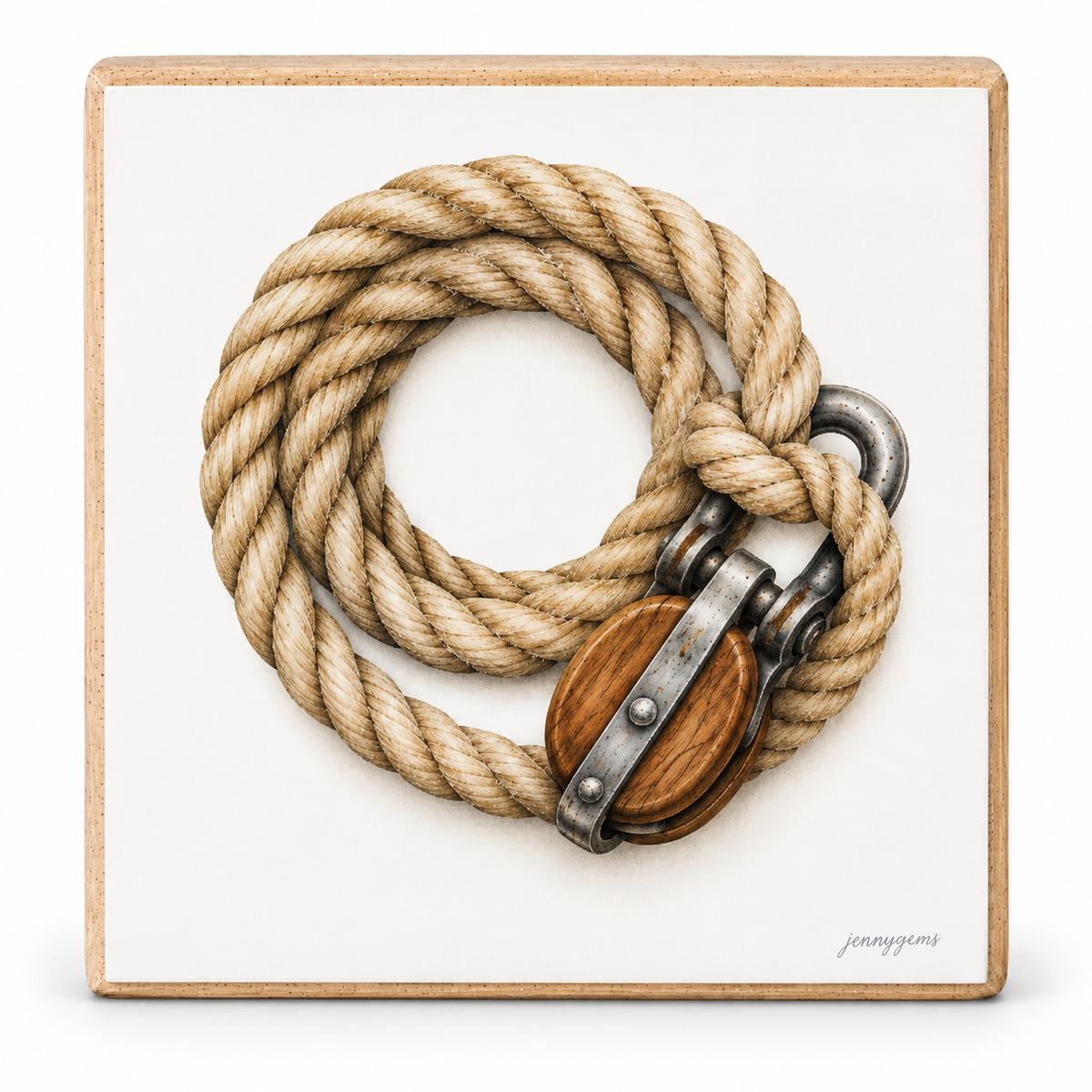 A square decorative wall art piece featuring a detailed illustration of a coiled beige rope with a wooden pulley and metal hook, set against a white background with a light wood border.