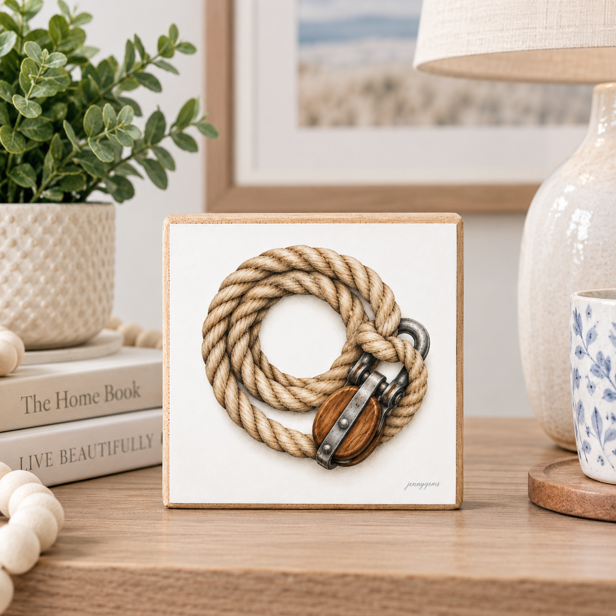 A square canvas art print featuring a detailed illustration of a coiled beige rope with a dark metal pulley and wooden roller, displayed on a wooden tabletop in a styled home interior setting.