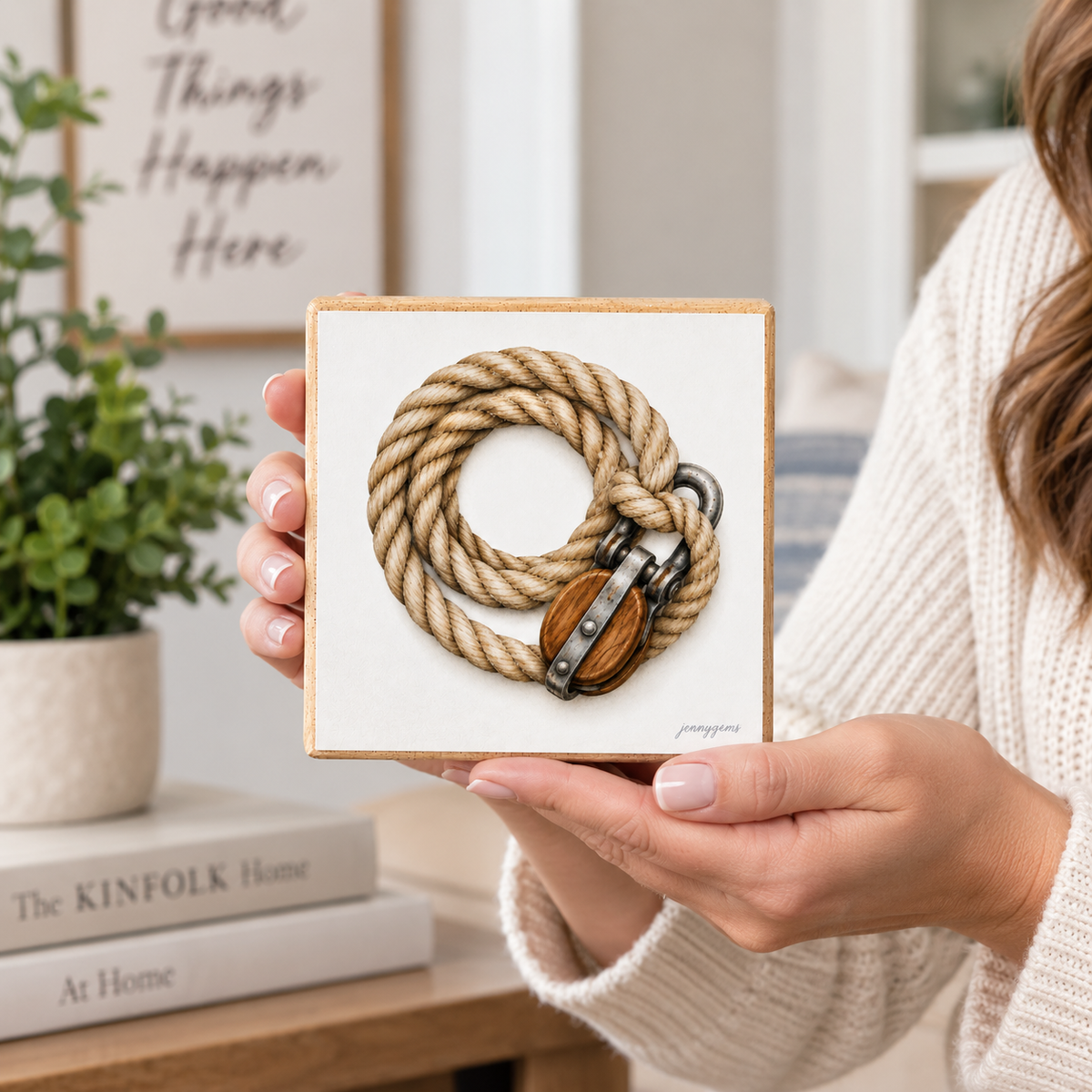A person in a cream knit sweater holds a square framed art print featuring a rope coiled around a wooden padlock. The background shows a cozy home interior with a potted plant and books.