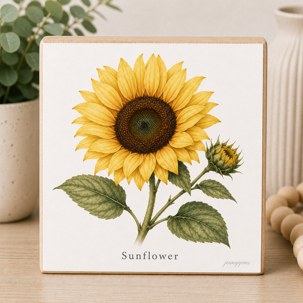 Framed botanical illustration of a sunflower on a wooden surface with plants in the background.