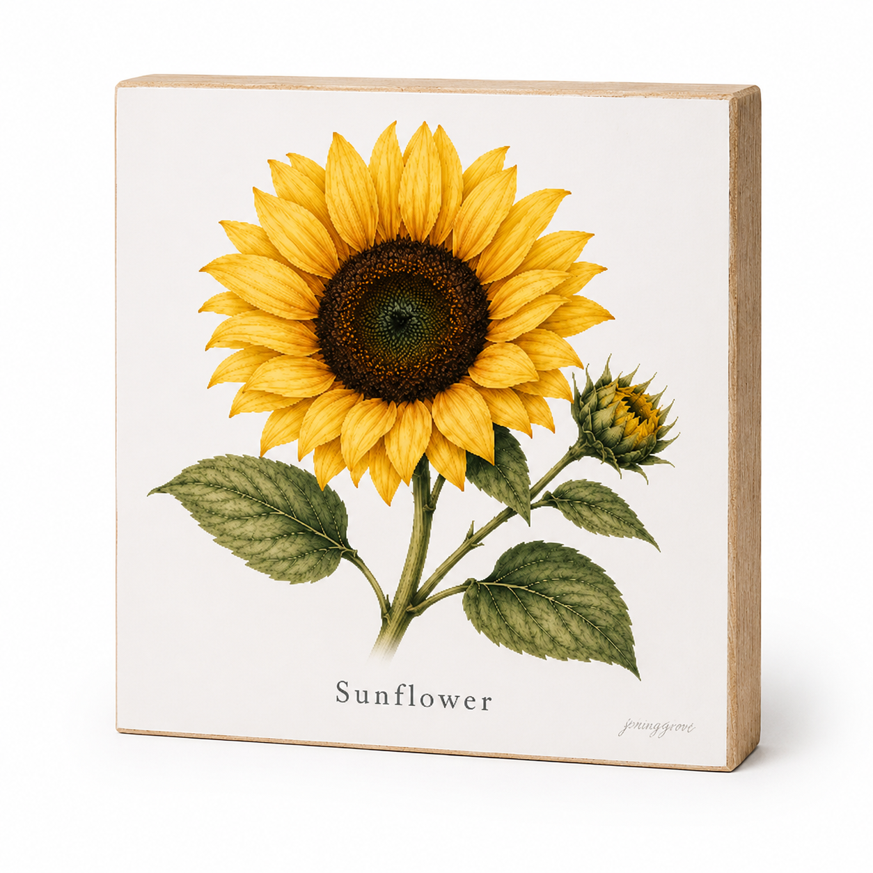 A square decorative block sign featuring a vintage-style illustration of a sunflower with a second bud and the word 'Sunflower' printed below, shown on a clean white background.