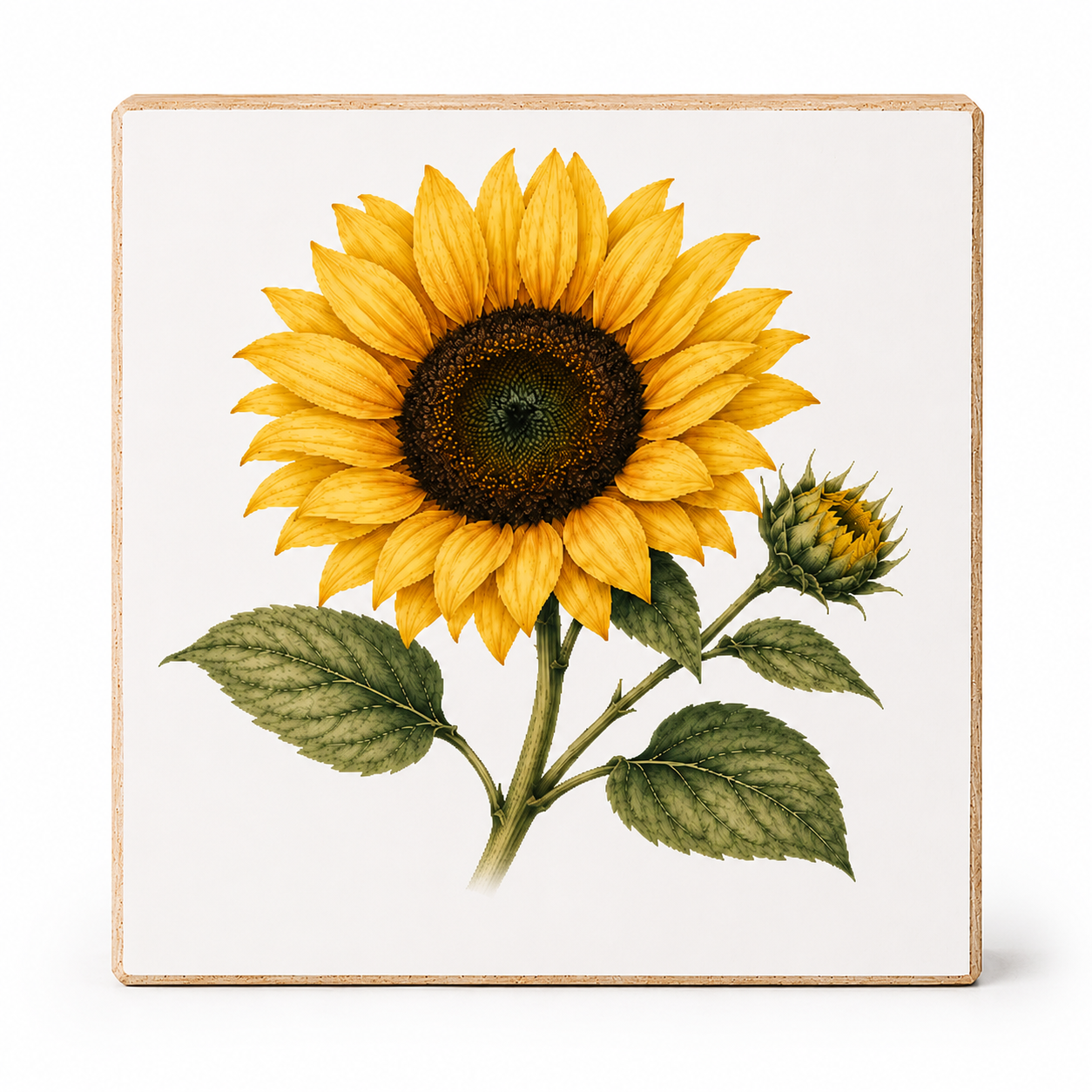A square ceramic tile or coaster featuring a vintage-style botanical illustration of a yellow sunflower with green leaves and a bud, set against a clean white background.