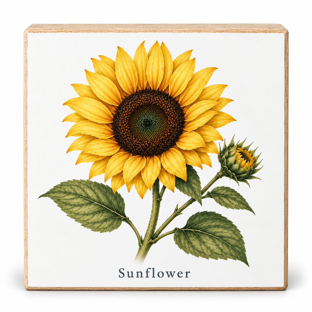 A square decorative block or plaque featuring a detailed botanical illustration of a sunflower with a closed bud, green leaves, and the word 'Sunflower' printed below on a white face, with a light wood border.