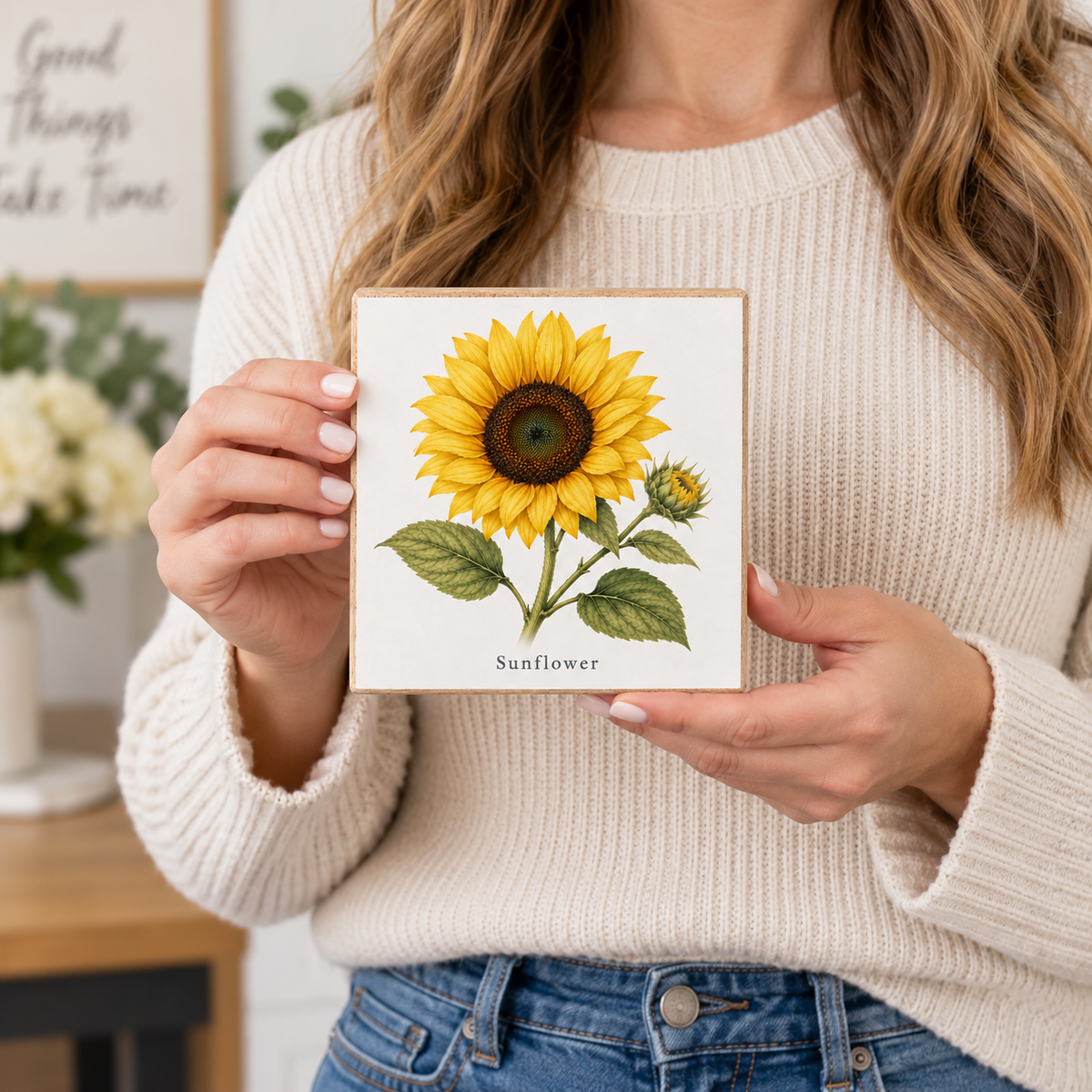 A woman in a cream ribbed sweater holds a square wooden art print featuring a detailed sunflower illustration with the word 'Sunflower' printed below.