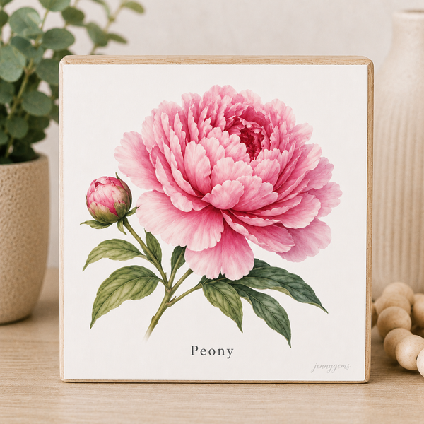 Framed artwork of a pink peony flower on a white background