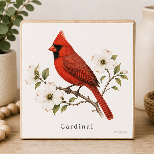 Framed artwork of a red cardinal bird on a branch with white flowers.
