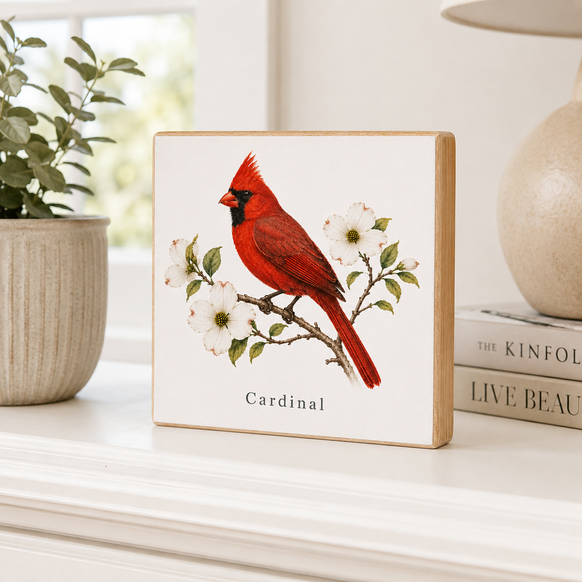 A square wooden sign featuring a red cardinal perched on a branch with white blossoms and the word 'Cardinal' printed below, displayed on a windowsill in a styled interior setting.