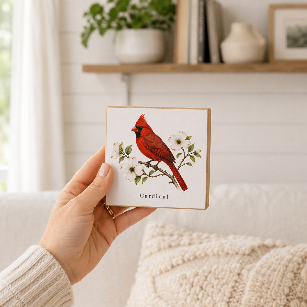 A hand holds a square decorative card featuring a red cardinal perched on a branch with white blossoms and the word "Cardinal" below. The background shows a softly blurred cozy interior with a white sofa, shelf, books, and plants.