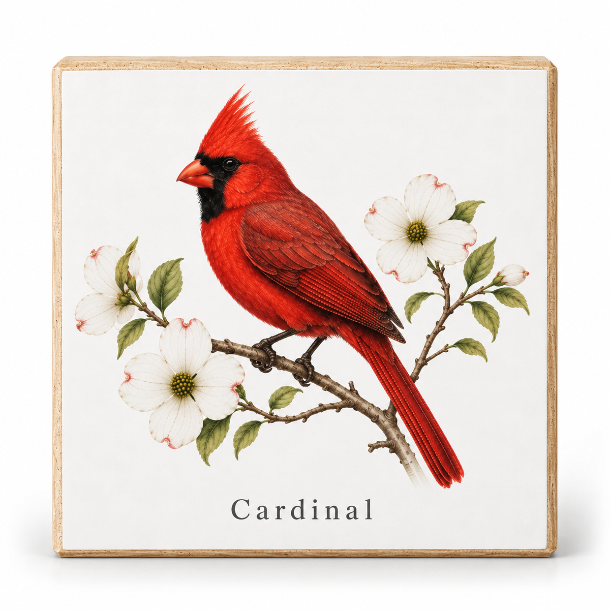 A square decorative wall sign featuring a detailed illustration of a cardinal perched on a branch with white flowers, with the word 'Cardinal' printed below. The sign has a light wood border and is photographed against a clean white background.