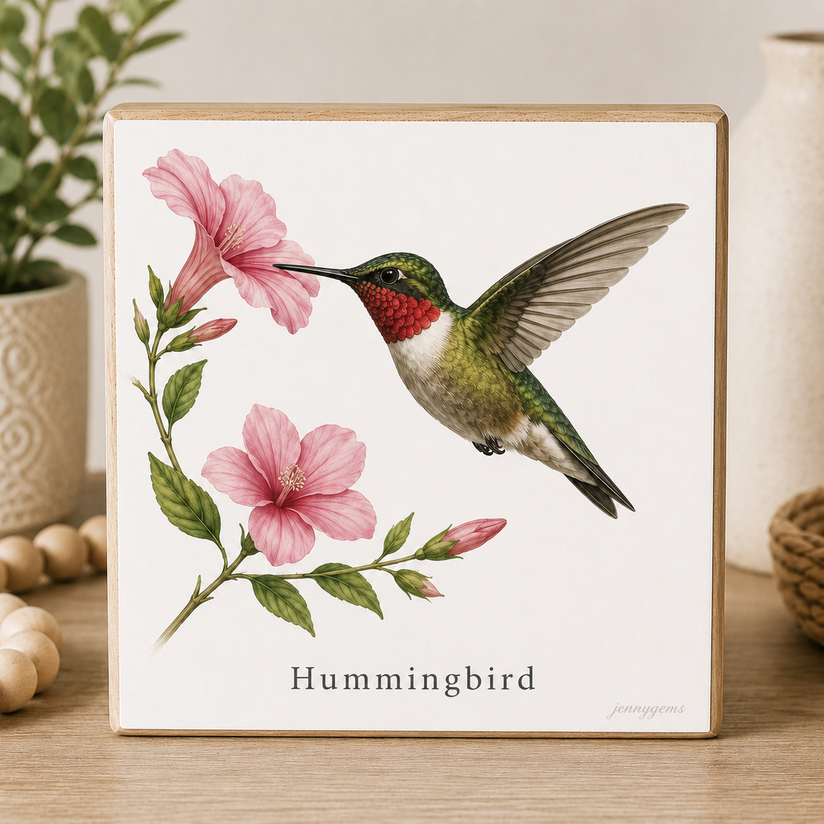 Framed artwork of a hummingbird and pink flowers on a wooden surface.