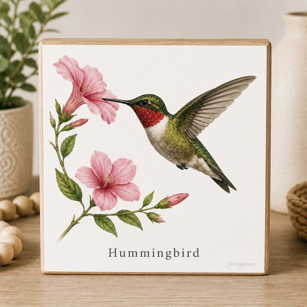 Framed artwork of a hummingbird and pink flowers on a wooden surface.