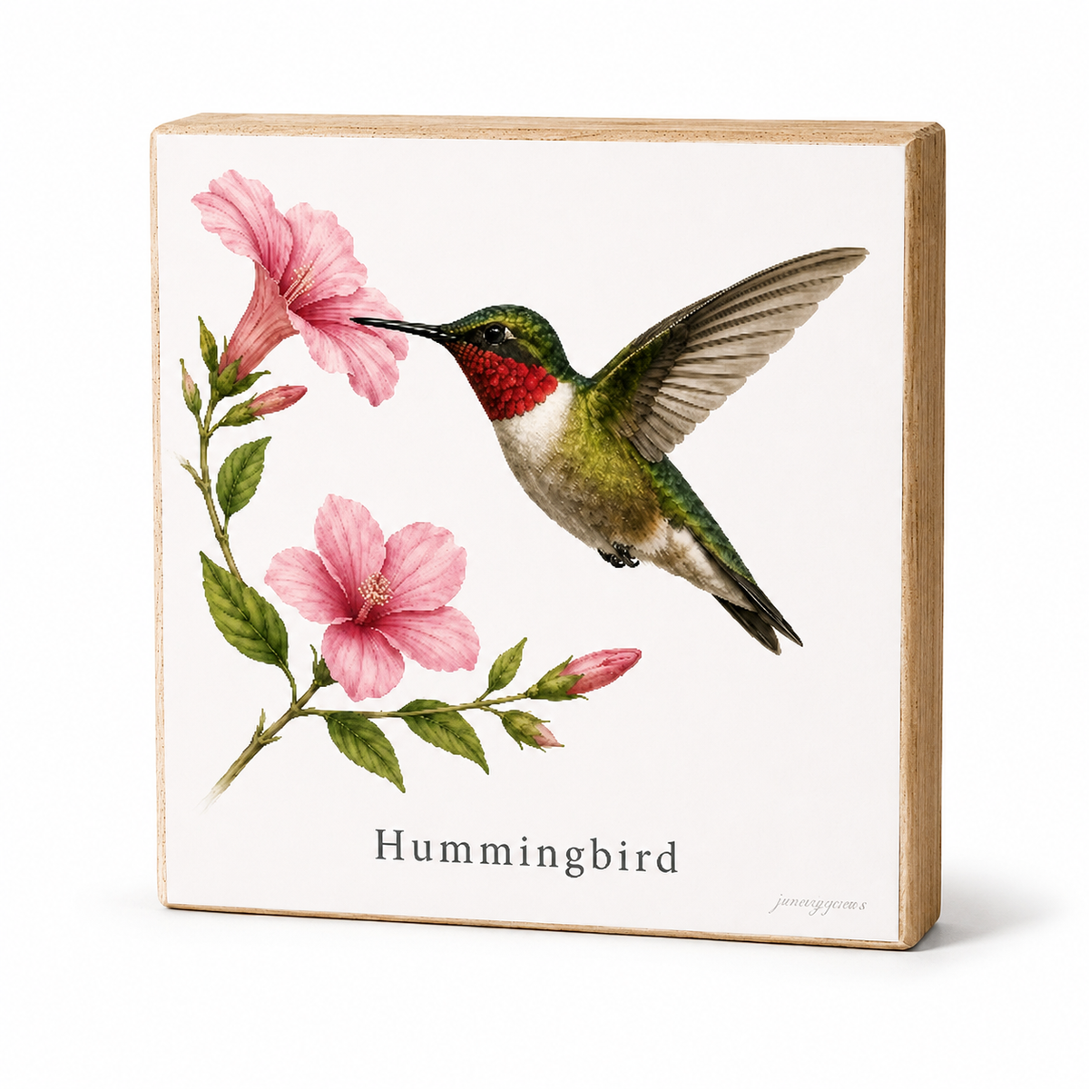 A square decorative block sign with a light wood border and a white front panel featuring an illustrated hummingbird hovering near pink flowers, with the word "Hummingbird" printed below.