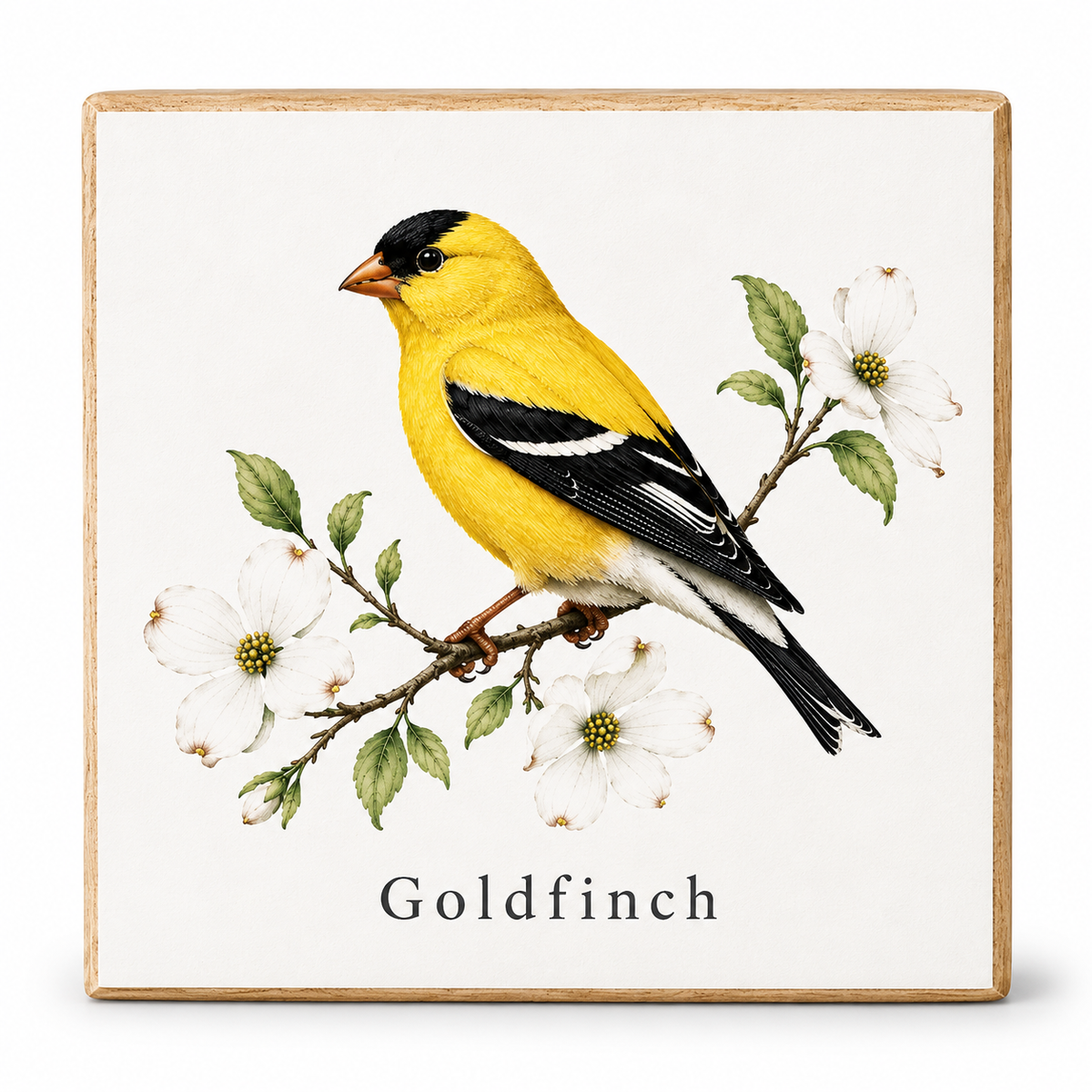 A square decorative plaque or sign with a light wood border, featuring an illustration of a goldfinch bird perched on a branch with white flowers, and the word "Goldfinch" printed below on an off-white background.