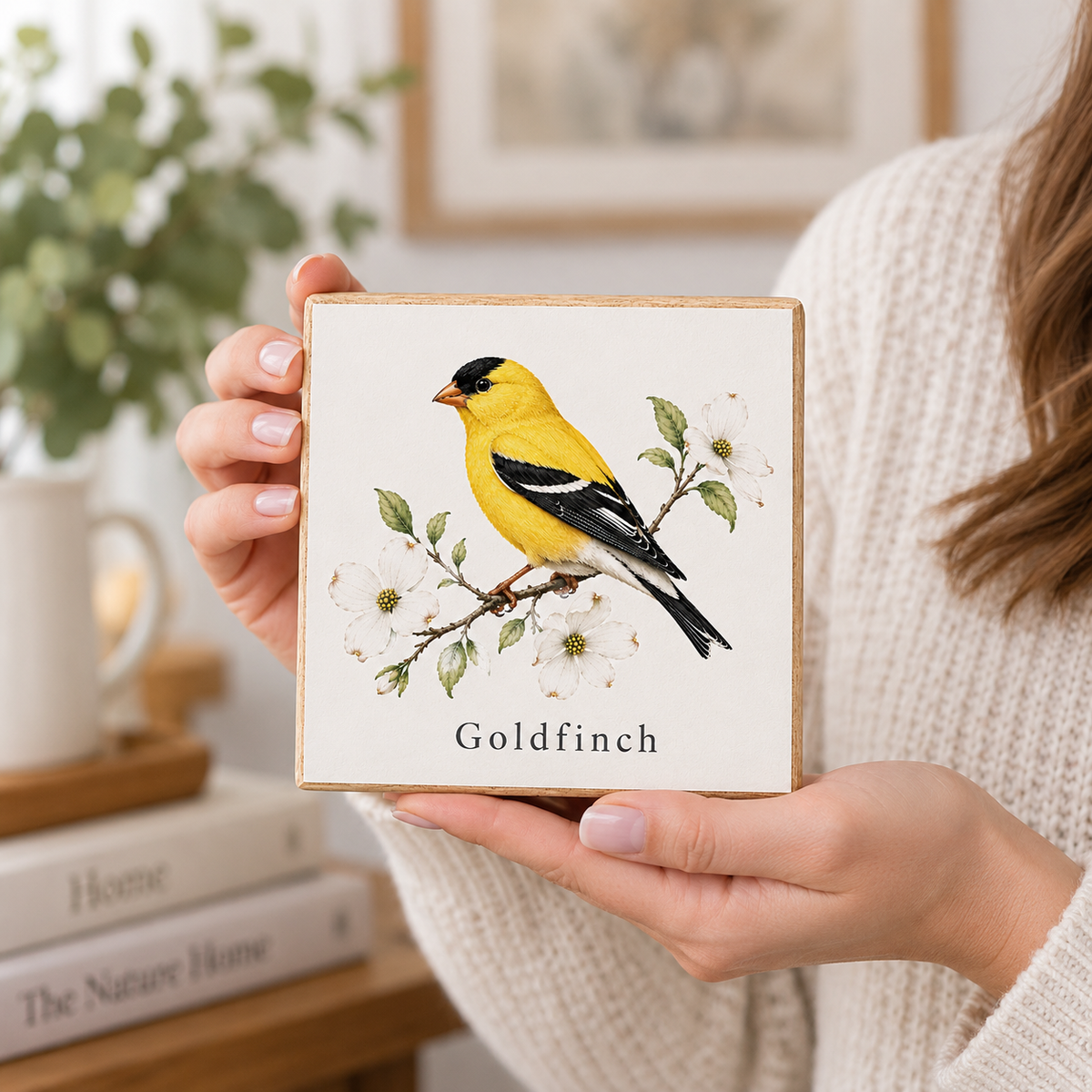 A person holds a square wooden block plaque featuring a painted goldfinch bird on a branch with white blossoms and the word 'Goldfinch' printed below. The scene is set in a softly lit indoor environment with books, a mug, and greenery in the background.