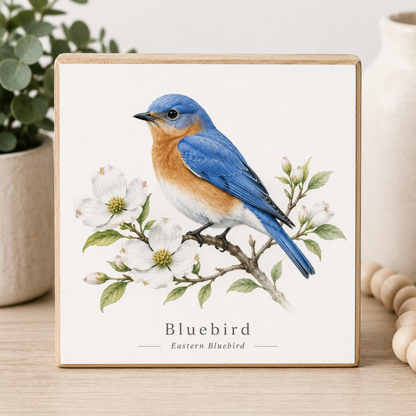 Framed artwork of a bluebird on a branch with white flowers and green leaves.