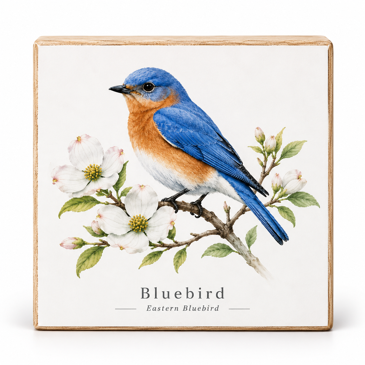 Square decorative wall plaque featuring a painted Eastern Bluebird perched on a flowering branch, with the text 'Bluebird Eastern Bluebird' below, shown on a clean white background.
