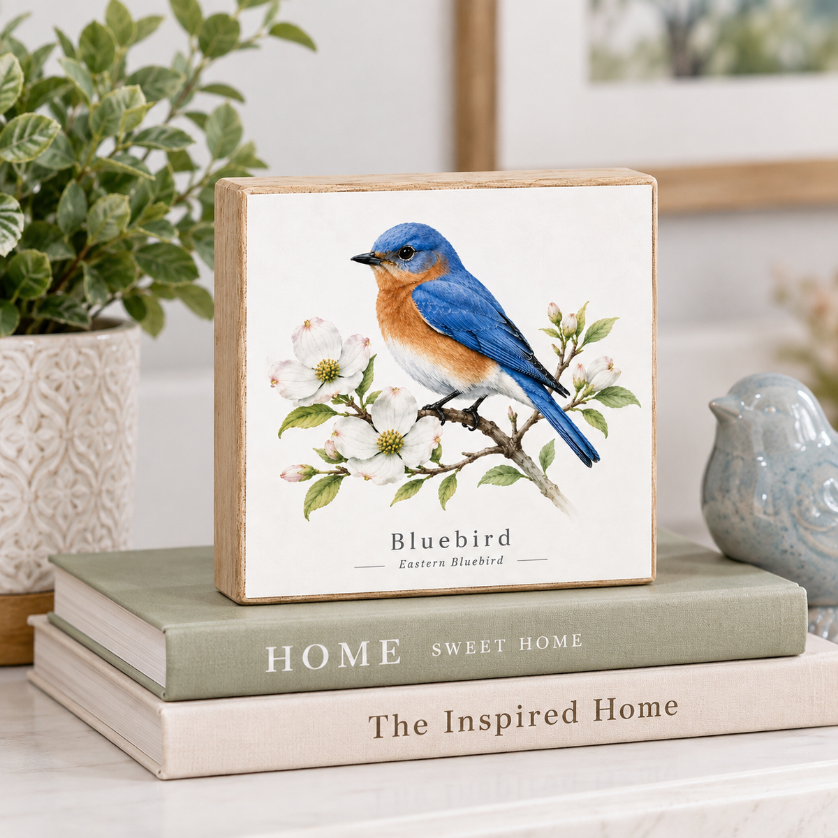 A square decorative wooden sign featuring a painted Eastern Bluebird on a branch with white blossoms, displayed on stacked books in a styled home setting.