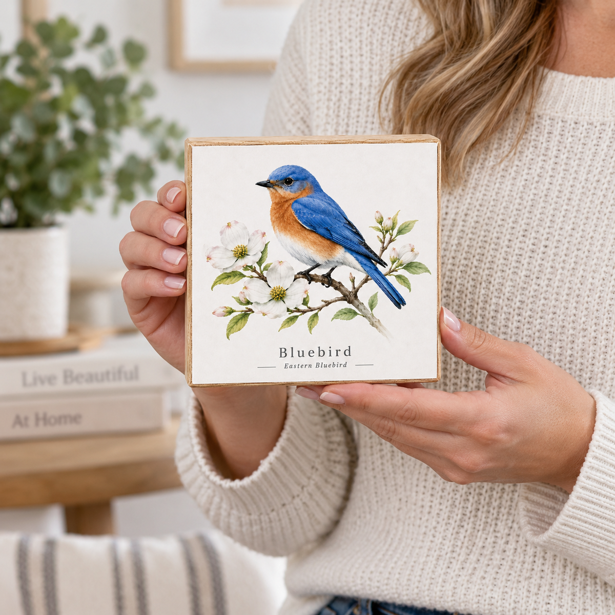 A woman in a cream knit sweater holds a square wooden box featuring a watercolor-style bluebird perched on a branch with white blossoms. The box is labeled 'Bluebird Eastern Bluebird.