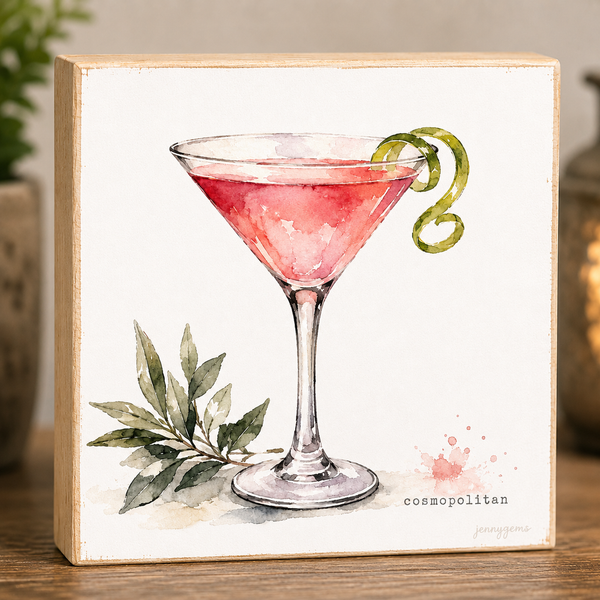 Cosmopolitan cocktail illustration on a wooden block with a white background