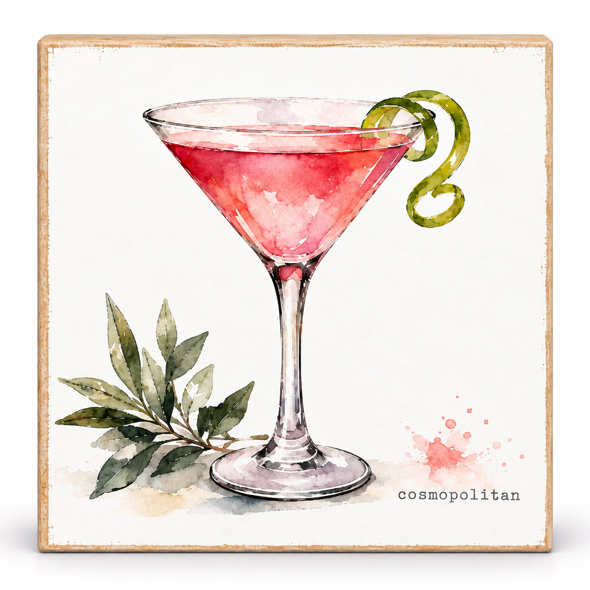 Square watercolor-style art print featuring a pink martini glass with a green twist garnish and green leaves, shown against a white background with a thin tan border. The word 'cosmopolitan' appears in the lower right.