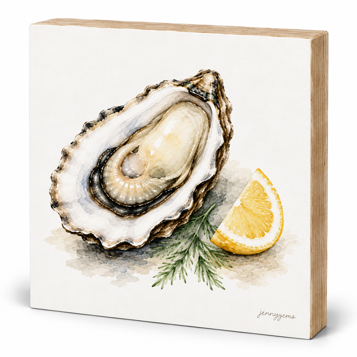 A square wooden block sign featuring a watercolor illustration of an open oyster shell with a lemon wedge and dill garnish on a white face, shown against a clean white background.