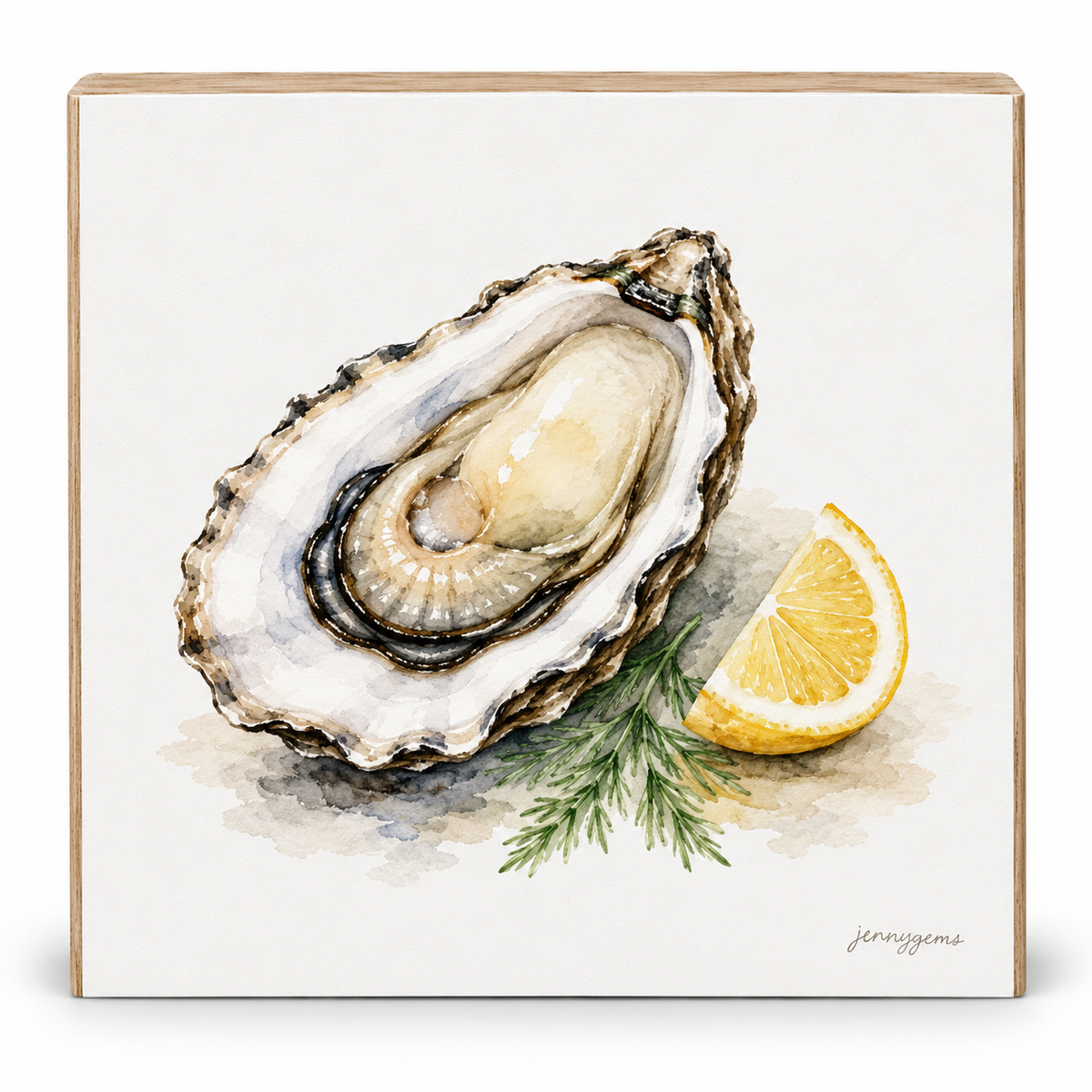 A square decorative sign or plaque featuring a watercolor-style illustration of an open oyster shell with a lemon wedge and green herb garnish on a white background. The sign has a light wood border and is photographed against a plain white backdrop.