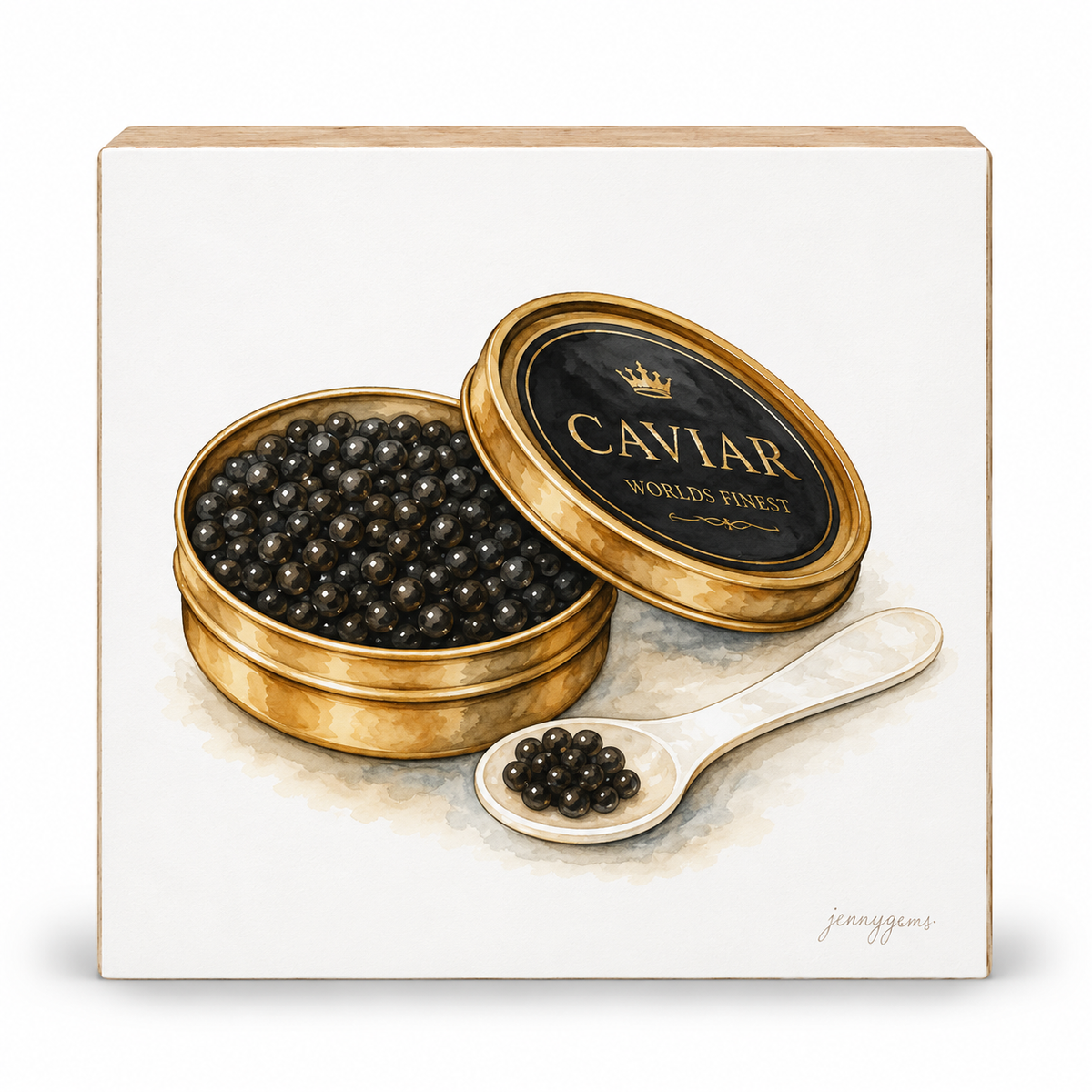 A square canvas wall art print featuring a watercolor illustration of an open round tin of black caviar with its lid leaning against it, alongside a small spoon holding a few caviar pearls. The lid has a black label with gold lettering reading 'CAVIAR' and a crown.