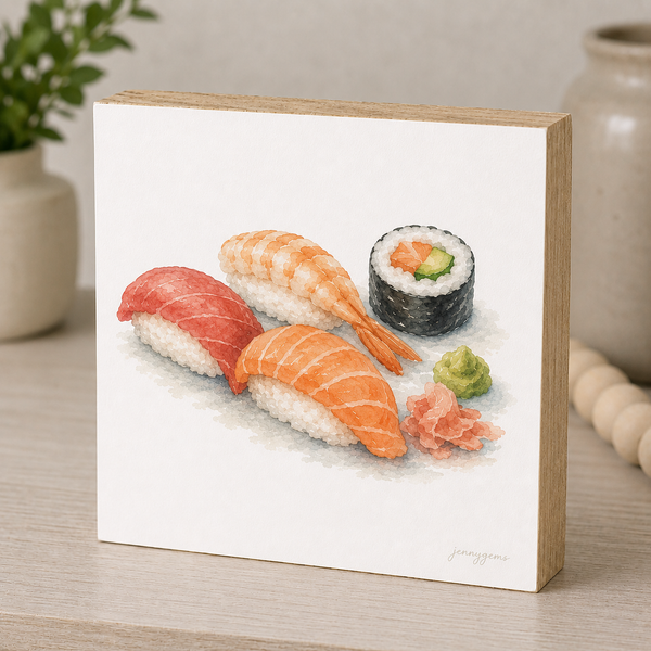 Framed artwork of sushi on a white background