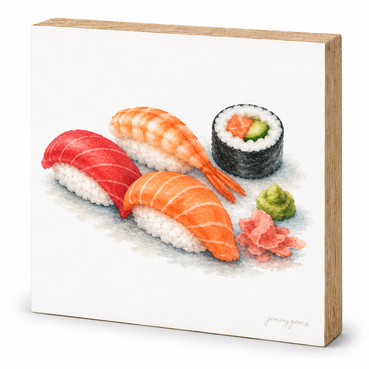 A square wooden block plaque featuring a watercolor-style illustration of sushi, including nigiri with salmon and shrimp, a maki roll, wasabi, and pickled ginger, shown on a clean white background.