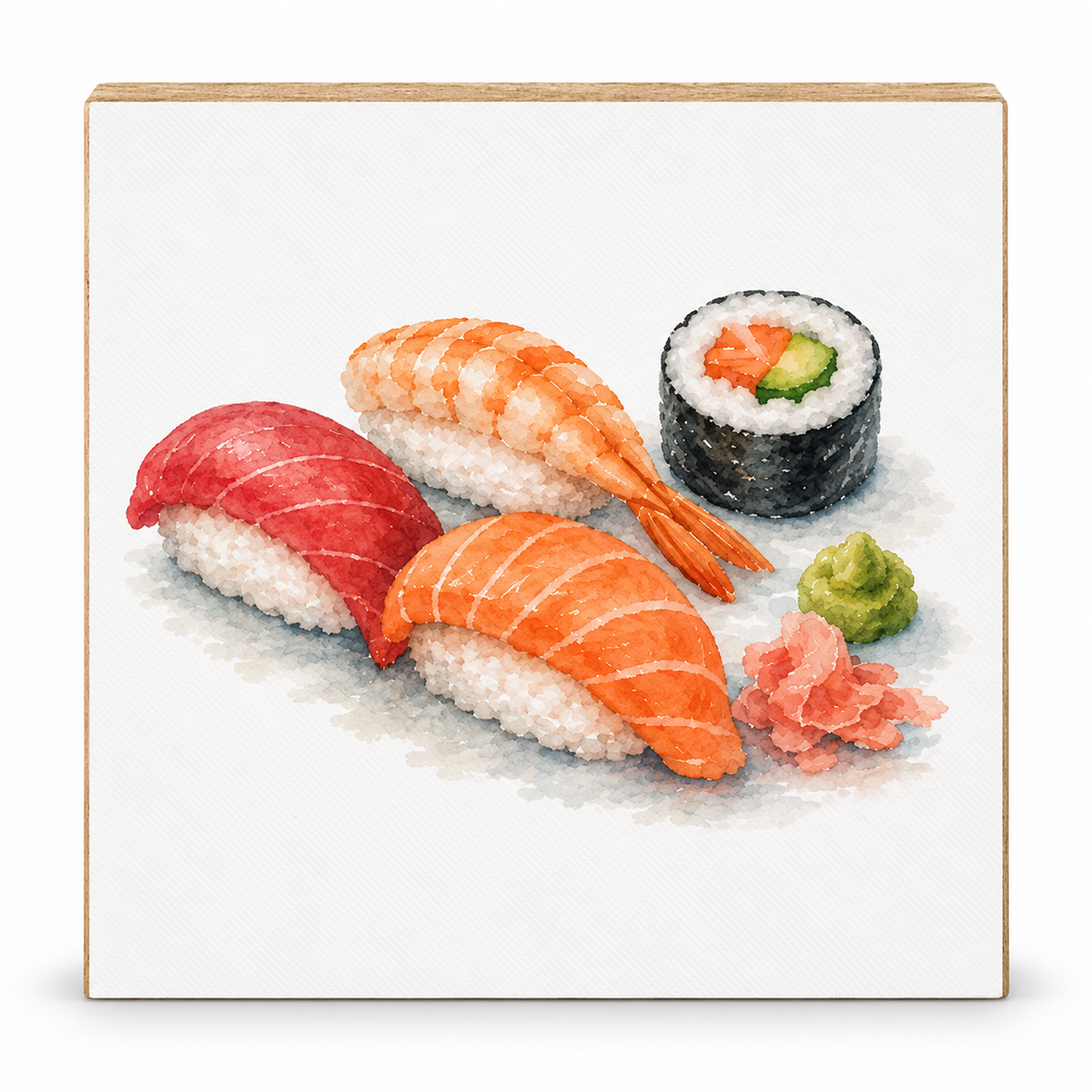 A square ceramic tile or coaster featuring a watercolor-style illustration of sushi, including nigiri with tuna and salmon, a maki roll, and wasabi, shown on a clean white background.
