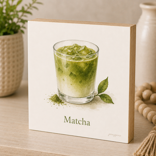 Card with an illustration of iced matcha green tea on a wooden surface.