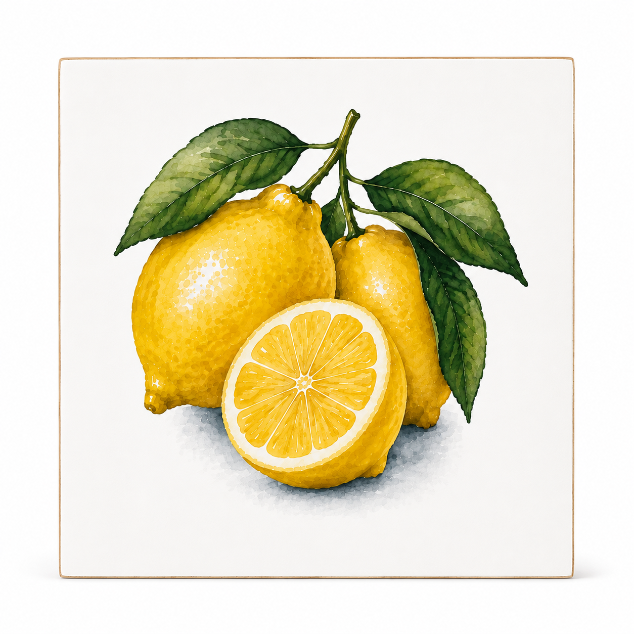 A square ceramic tile featuring a watercolor-style illustration of three lemons, including one whole lemon, one sliced in half to show the pulp, and three green leaves on a stem, set against a white background with a thin gold border.
