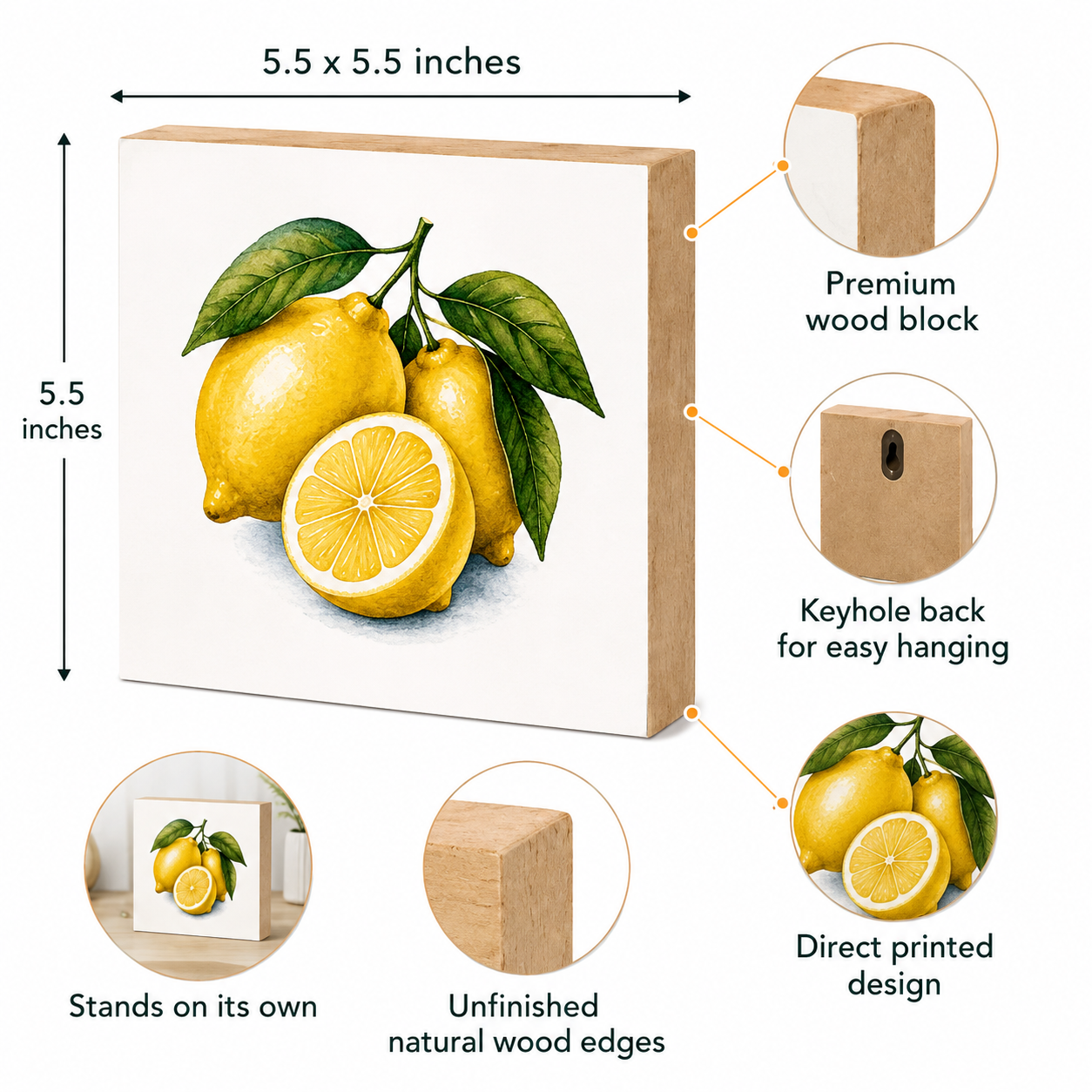 Lemon wood block canvas print with dimension labels showing 5.5 x 5.