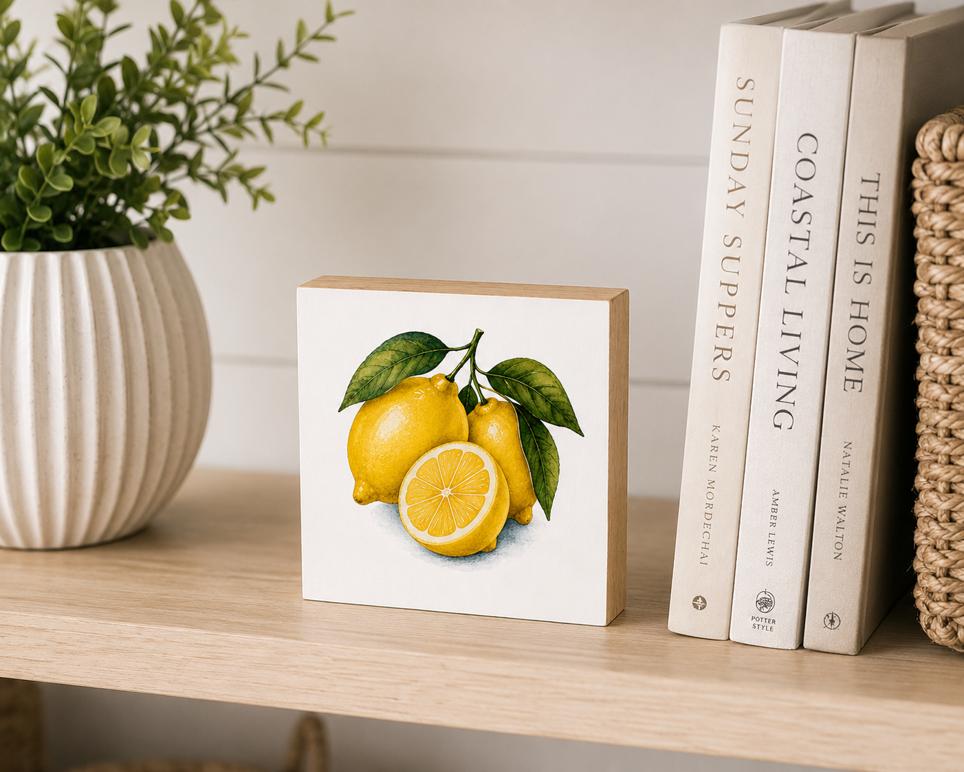 A square white canvas print featuring a hand-painted style illustration of three yellow lemons with green leaves, displayed on a light wood shelf next to books and a potted plant.