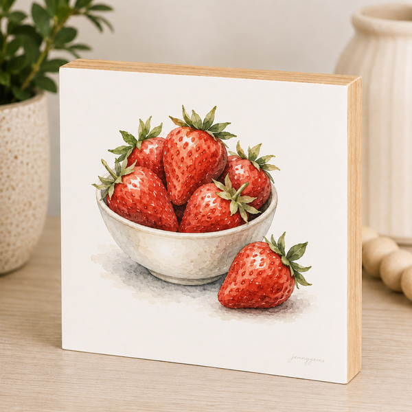 Small wooden-framed print of strawberries on a white background