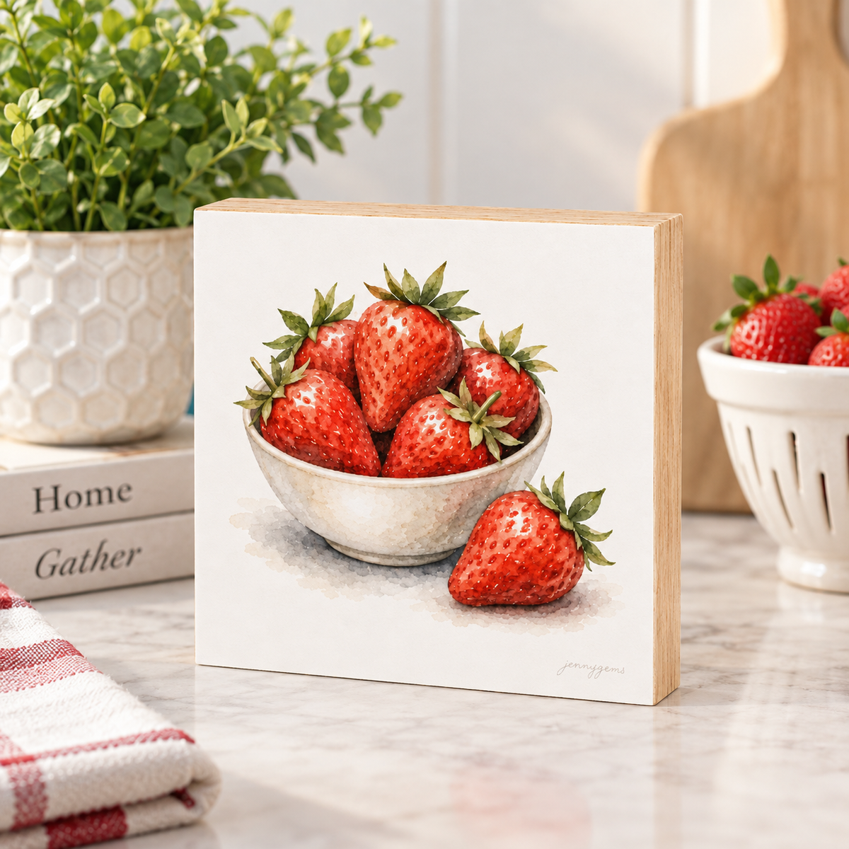A square wooden block print or plaque featuring a painted still life of red strawberries in a white bowl, displayed on a kitchen counter with a plant, books, and a colander in the background.
