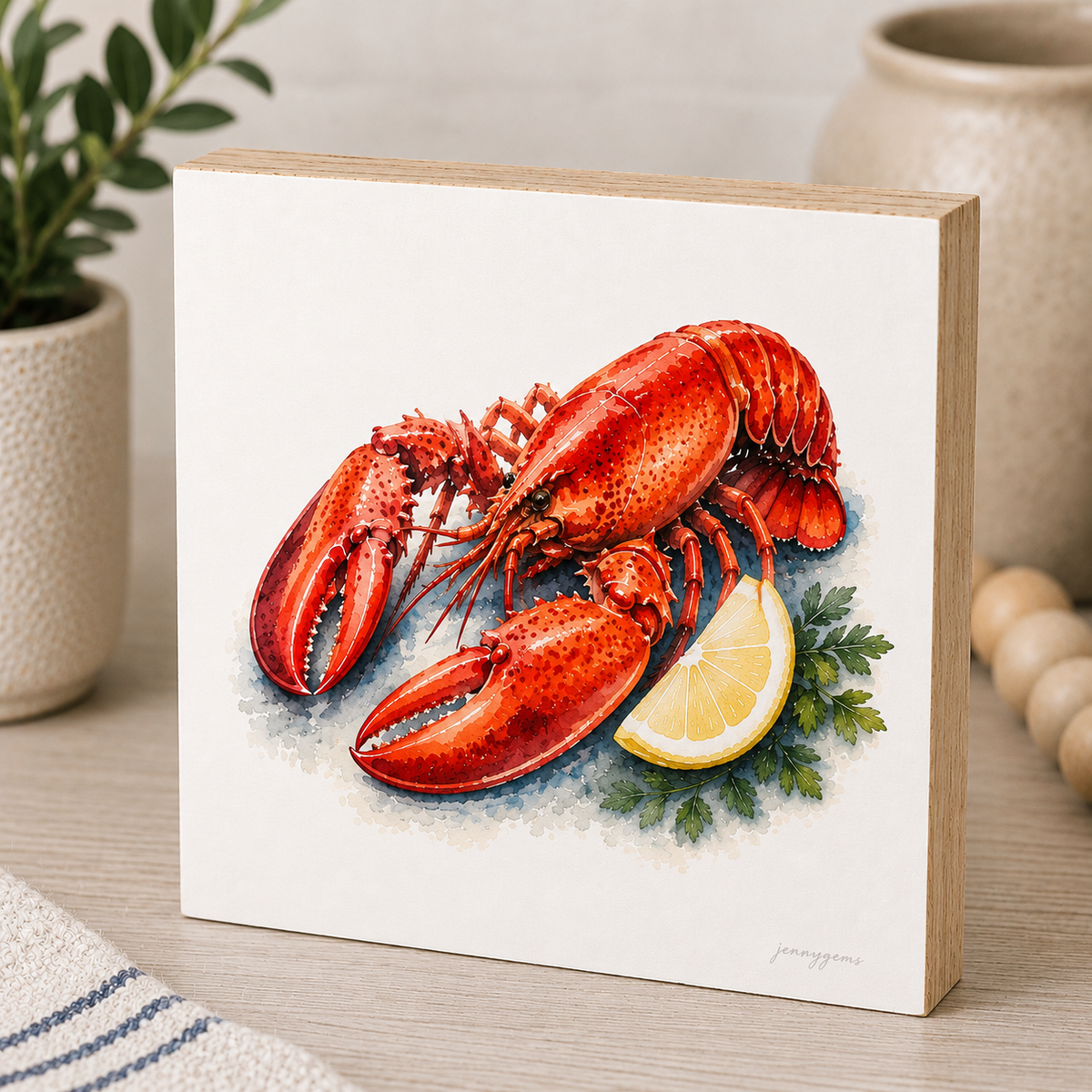 Painting of a red lobster with a lemon wedge on a white background, framed in wood.