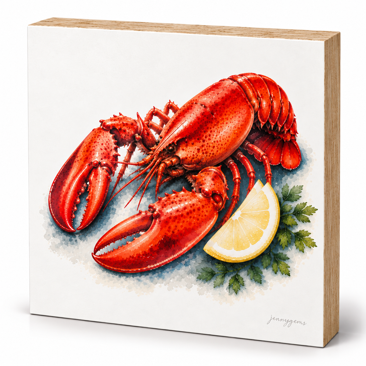 A square wooden canvas print featuring a detailed watercolor-style illustration of a bright red lobster with a lemon wedge and green parsley on a white background. The canvas is shown at an angle to display its natural wood side edge against a clean white background.