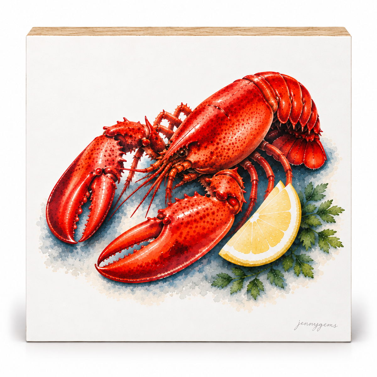 A square wooden block plaque featuring a detailed illustration of a bright red lobster with a lemon wedge and green parsley on a white background. The wood grain is visible on the top and side edges of the block.