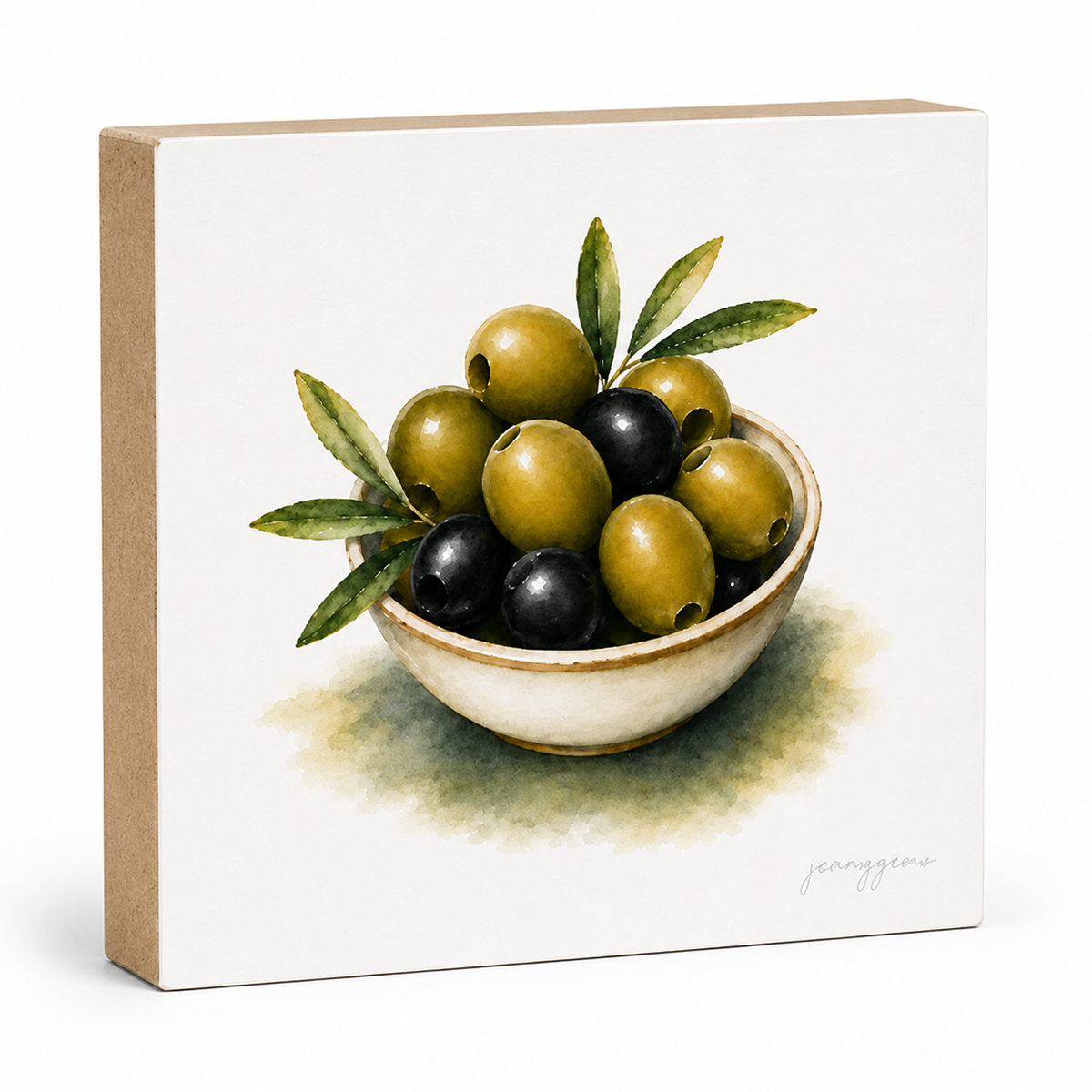 A square canvas wall art print featuring a watercolor-style illustration of green and black olives in a bowl, shown at a three-quarter angle against a clean white background.