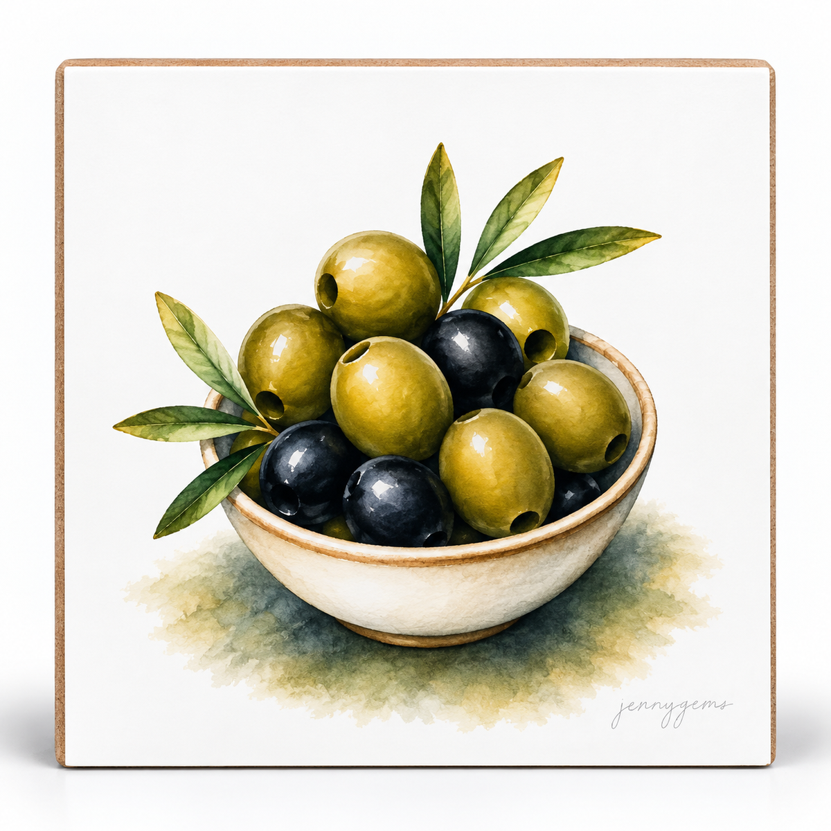 A square ceramic tile coaster featuring a watercolor-style illustration of green and black olives in a beige bowl, with olive leaves, set against a clean white background.