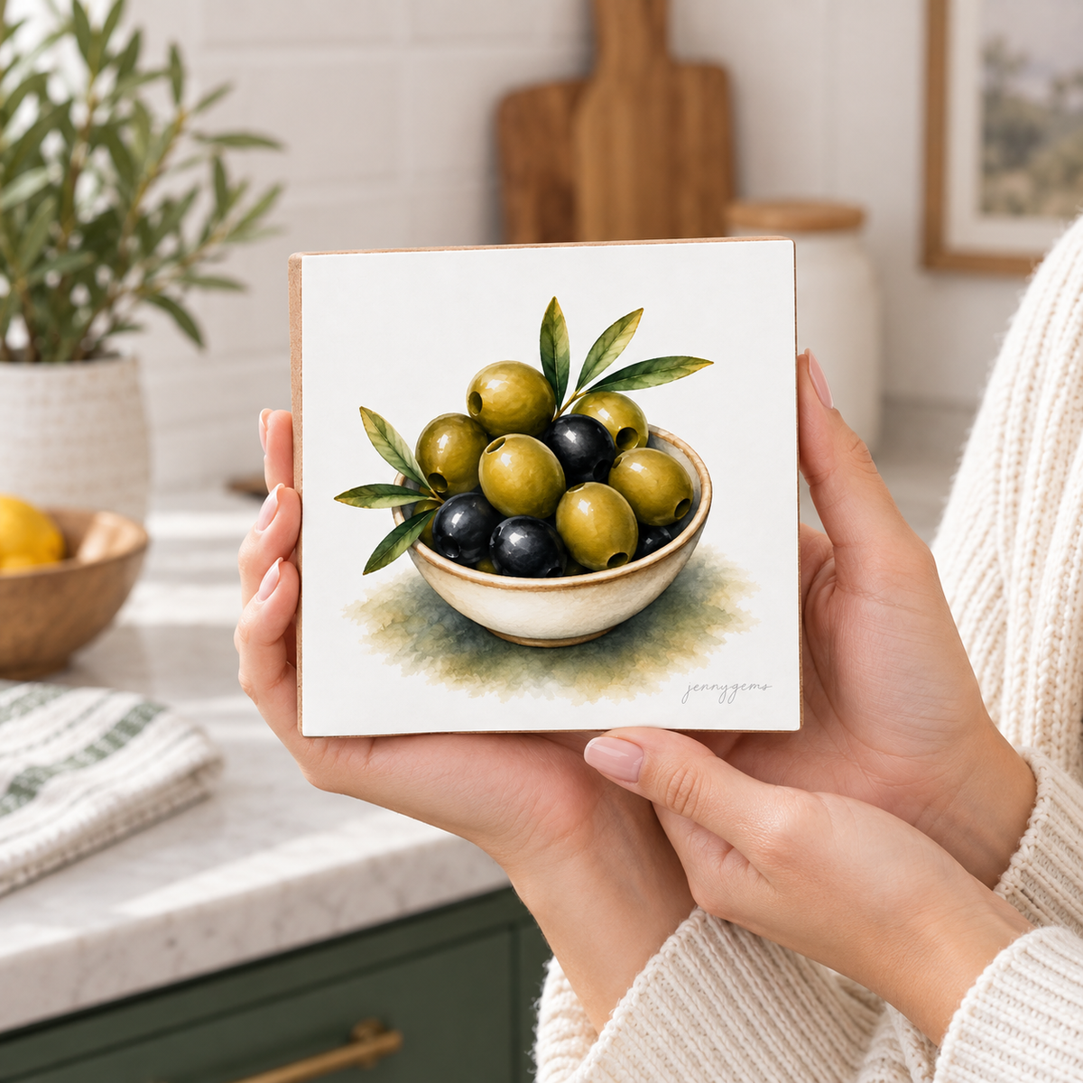 A person holds a square ceramic tile featuring a watercolor painting of green and black olives in a bowl, set against a blurred kitchen background.